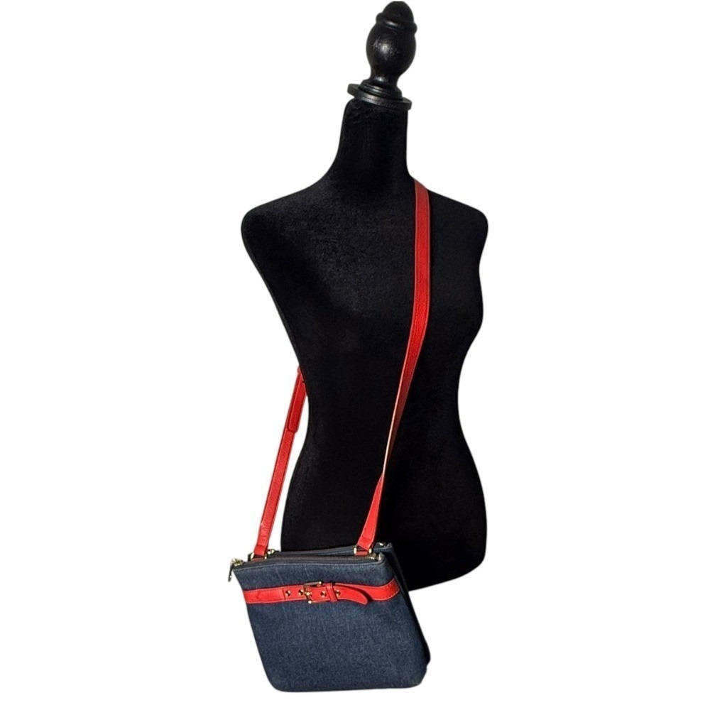 Talbots Denim Crossbody Bag Blue Jean Red Leather Trim Zip Up Purse Nautical